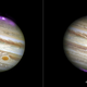 Jupiter’s x-ray aurora, overlain on a view captured by the Hubble Space Telescope. Image Credit: Joseph DePasquale, Smithsonian Astrophysical Observatory/Chandra X-ray Center
